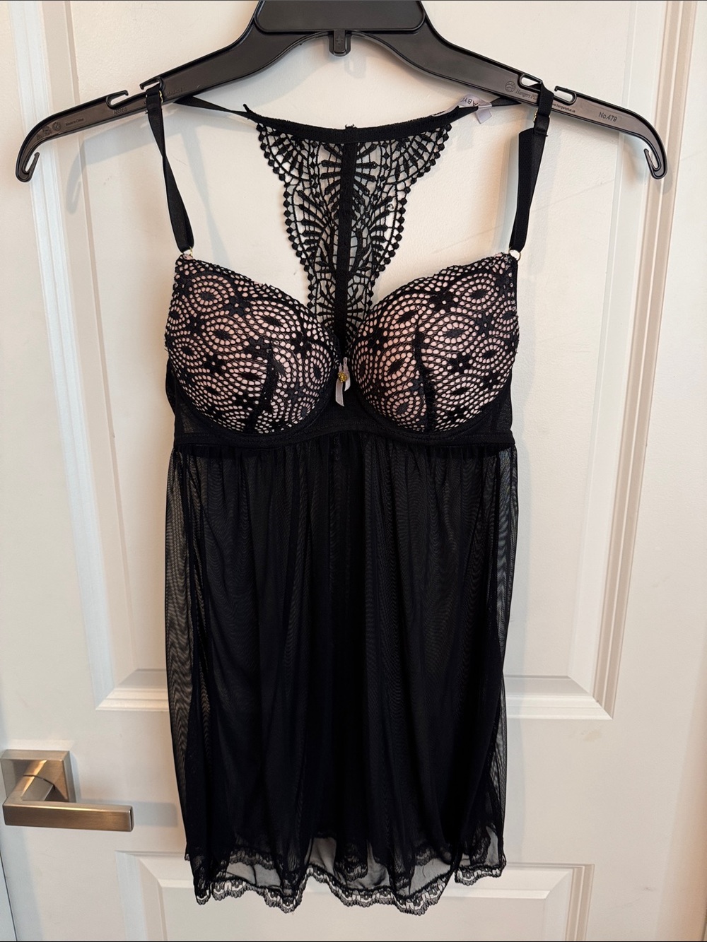 Black Lace Mesh Bandeau Babydoll with Decorative Racerback